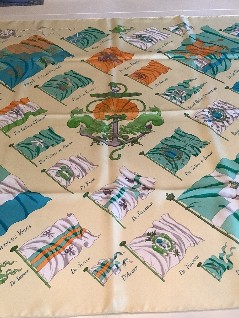 Hermes Pastel Yellow Silk Scarf with Teal, Green & Orange Flags